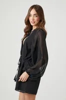 Women's Sheer Peasant-Sleeve Romper in Black Medium