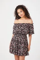 Women's Floral Off-the-Shoulder Mini Dress in Black, XS