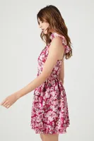 Women's Floral Print Ruffle Mini Dress in Pink, XL