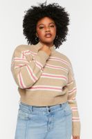 Women's Striped Mock Neck Cropped Sweater in Khaki/Peony, 0X