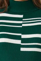 Women's Abstract Striped Turtleneck Sweater Top in Hunter Green/White Large