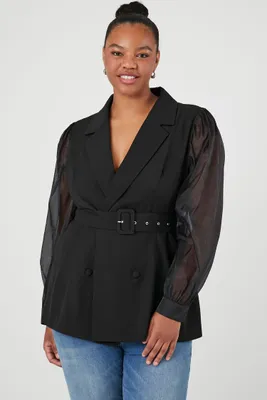 Women's Belted Sheer-Sleeve Blazer in Black, 1X