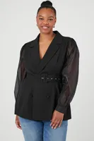 Women's Belted Sheer-Sleeve Blazer in Black, 0X