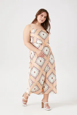 Women's Ornate Print Midi Dress in White, 1X