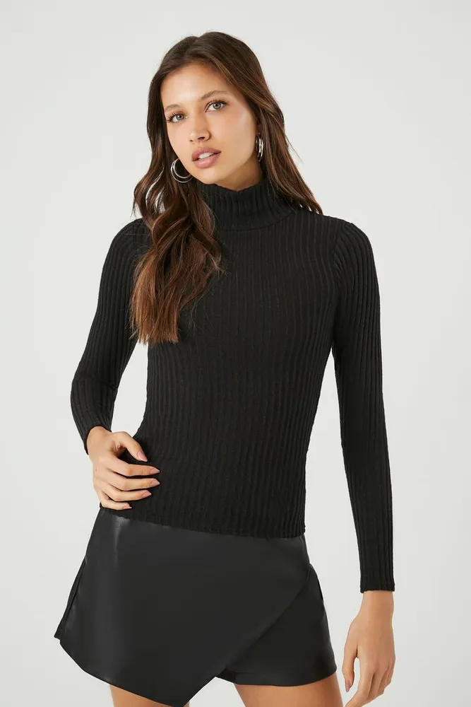 Women's Ribbed Mock Neck Top in Black Small