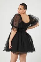 Women's Babydoll Puff-Sleeve Mini Dress in Black, 0X