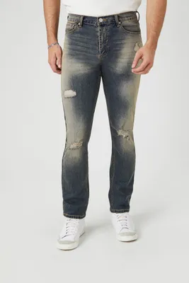 Men Distressed Stone Wash Slim-Fit Jeans Medium Denim,