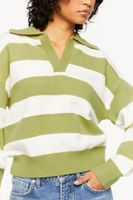 Women's Striped Collared Sweater in Green/Cream Medium