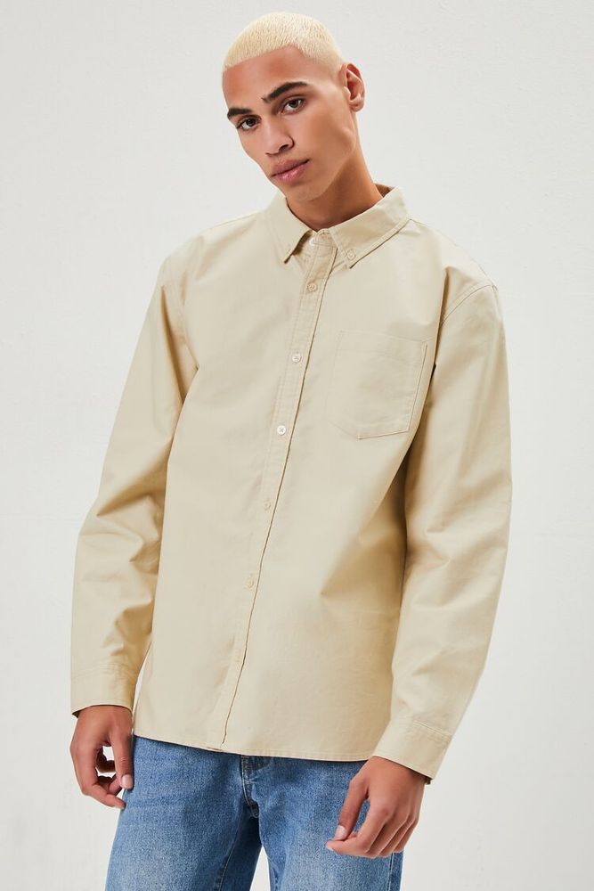 Men Pocket Button-Front Shirt in Khaki Large