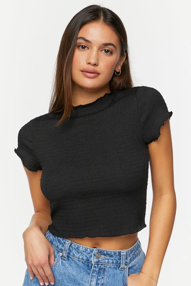 Women's Smocked Mock Neck Crop Top in Black Large