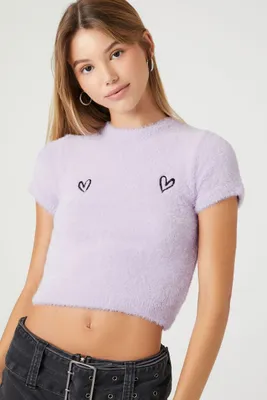 Women's Fuzzy Sweater-Knit Heart Cropped T-Shirt in Wisteria Small