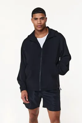Men Hooded Raglan Zip-Up Jacket in Black, XL