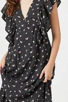 Women's Floral Butterfly-Sleeve Maxi Dress in Black/Pink Small