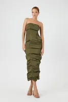 Women's Ruched Toggle Tube Maxi Dress in Olive, XS