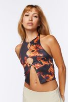 Women's Flame Print Cutout Crop Top in Black Large