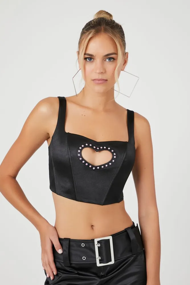 Women's Satin Heart Cutout Cropped Tank Top in Black/Pink Medium