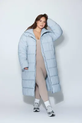 Women's Longline Puffer Jacket in Light Blue, 1X