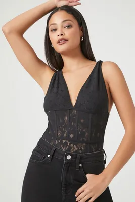 Women's Plunging Lace Bodysuit in Black Small