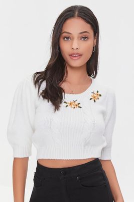 Women Embroidered Floral Cropped Sweater in Cream Medium