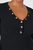 Women's Ribbed Knit Henley Top in Black, 1X