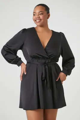 Women's Mock Wrap Mini Dress in Black, 0X