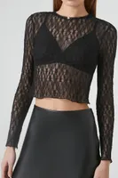 Women's Sheer Lace Rosette Crop Top in Black Small