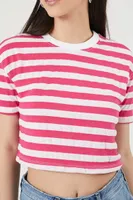 Women's Striped Cropped T-Shirt in Magenta/White Small