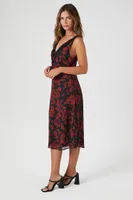 Women's Floral Print Lace-Trim Midi Dress in Black, XS