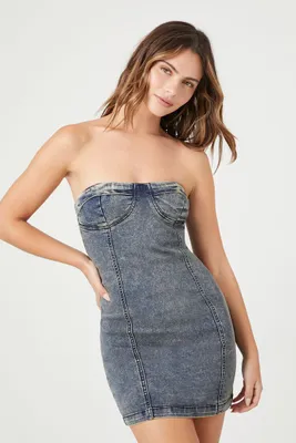 Women's Mineral Wash Denim Tube Mini Dress in Medium Denim Small