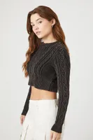 Women's Cropped Cable Knit Sweater in Black Large