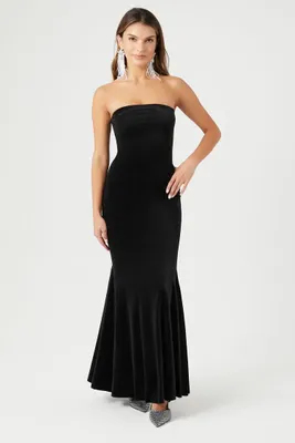 Women's Velvet Strapless Maxi Dress Black,