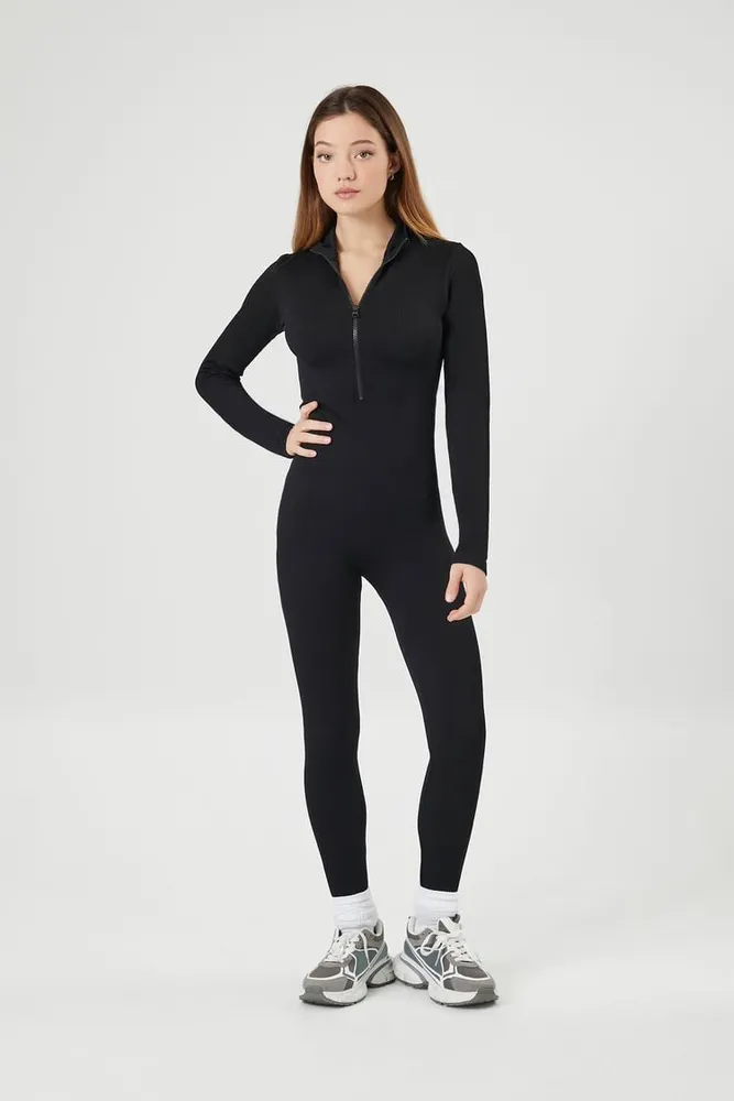 Forever 21 Women's Fitted Seamless Zip-Up Jumpsuit in Black Large