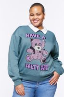 Women's Teddy Bear Graphic Combo Pullover in Blue, 1X