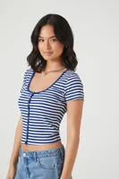 Women's Striped Rib-Knit Cropped T-Shirt in Navy/White, XL