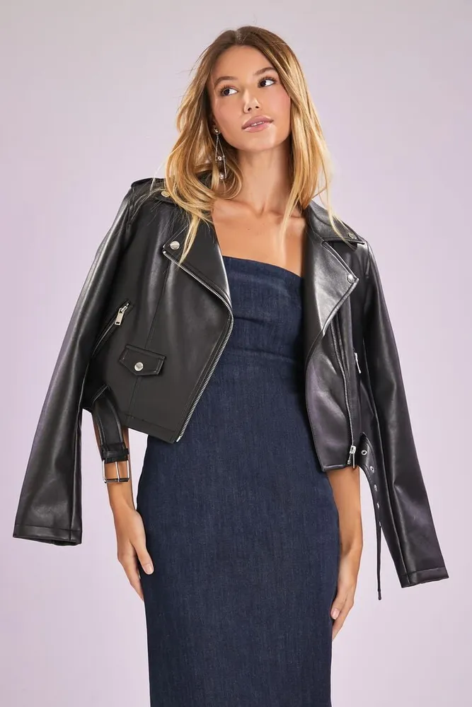 Women's Faux Leather Cropped Moto Jacket in Black Large