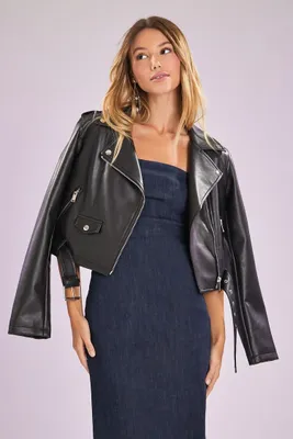 Women's Faux Leather Cropped Moto Jacket