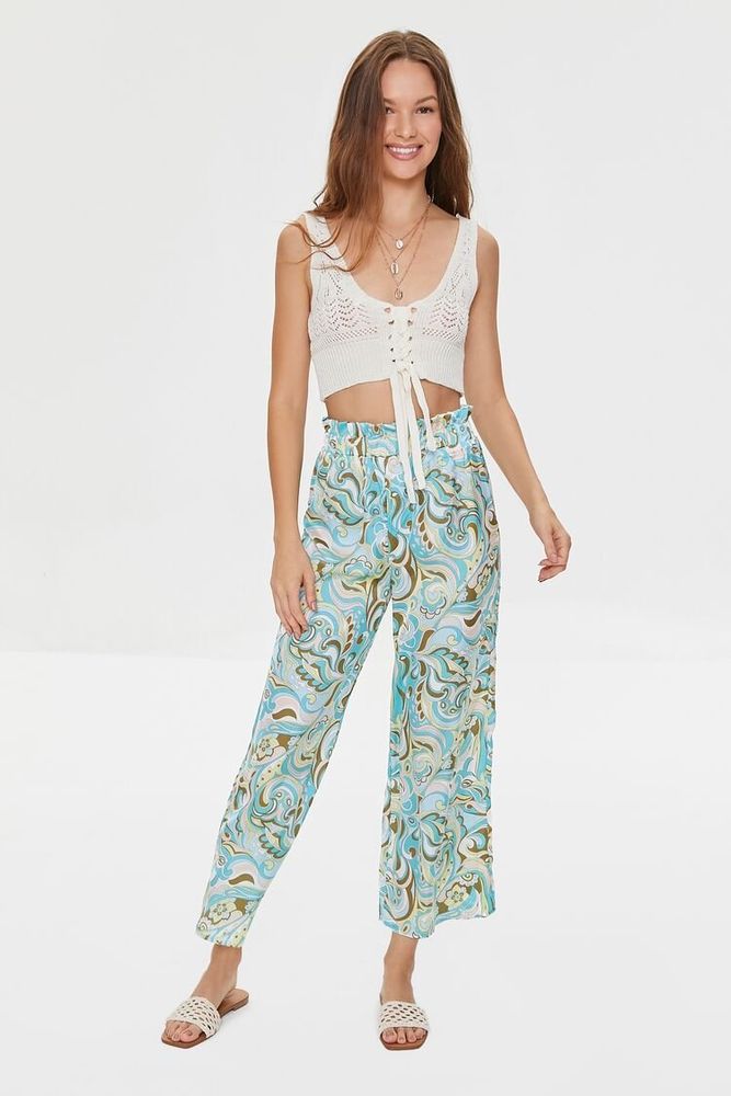 Women's Paisley Print Paperbag Satin Pants in Aqua Large