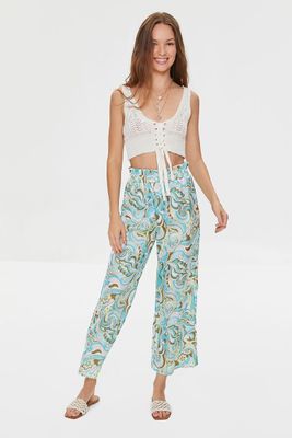 Women's Paisley Print Paperbag Satin Pants in Aqua Large