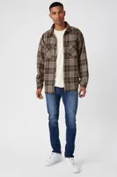 Men Plaid Curved-Hem Shirt in Brown/Cream Small