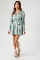 Women's Satin Mock Wrap Mini Dress in Green Haze Small