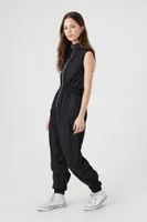 Women's Sleeveless Poplin Zip-Up Jumpsuit in Black Medium