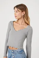 Women's Lettuce-Edge Long-Sleeve Top in Grey, M/L