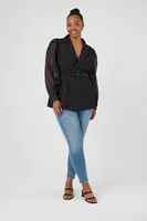 Women's Belted Sheer-Sleeve Blazer in Black, 1X