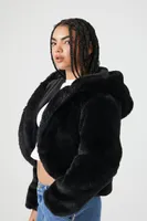 Women's Faux Fur Open-Front Hoodie in Black Large