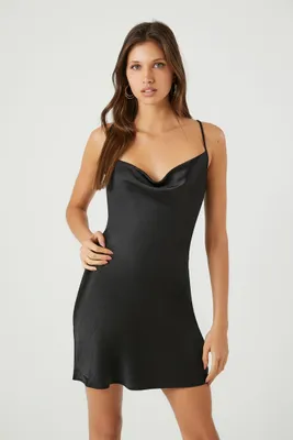 Women's Cowl Neck Satin Slip Dress in Black Large