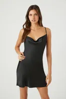 Women's Cowl Neck Satin Slip Dress in Black, XL