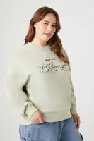 Women's Embroidered New York Pullover in Taupe, 1X