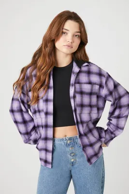 Women's Plaid Combo Flannel Shirt in Purple Large