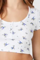 Women's Floral Cropped Henley T-Shirt in White Medium