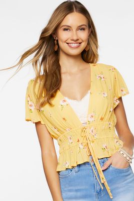 Women's Plunging Floral Print Top in Yellow Small